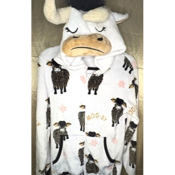 Cow Hooded Soft Fluffy Cozy Loungewear Pajamas White Black Pink Fleece Ears Horn - Picture 10 of 12